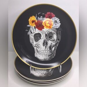 4 Dinner Plates Harvest Green Studio SKULL Face & Flowers Halloween 11" New